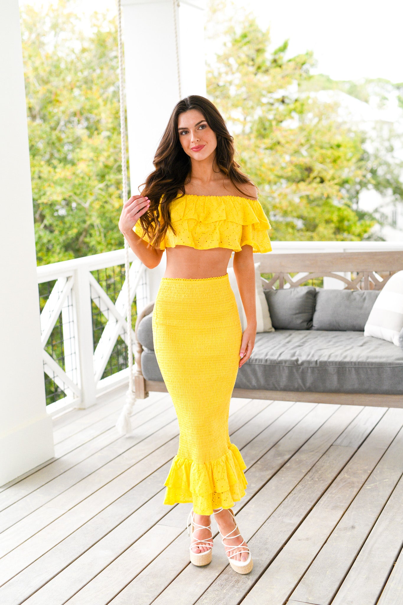 Kylie Lace Tier Ruffle Off Shoulder Top Set Yellow