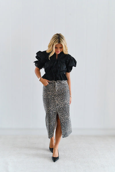 Macie Leopard Denim Midi Skirt