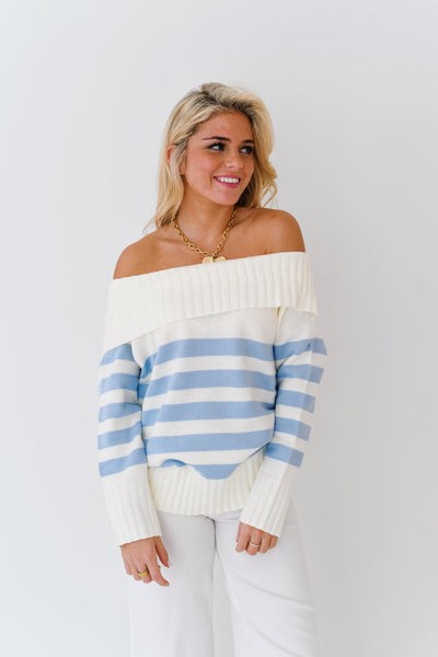 Kasey Off Shoulder Sweater-Baby Blue Striped