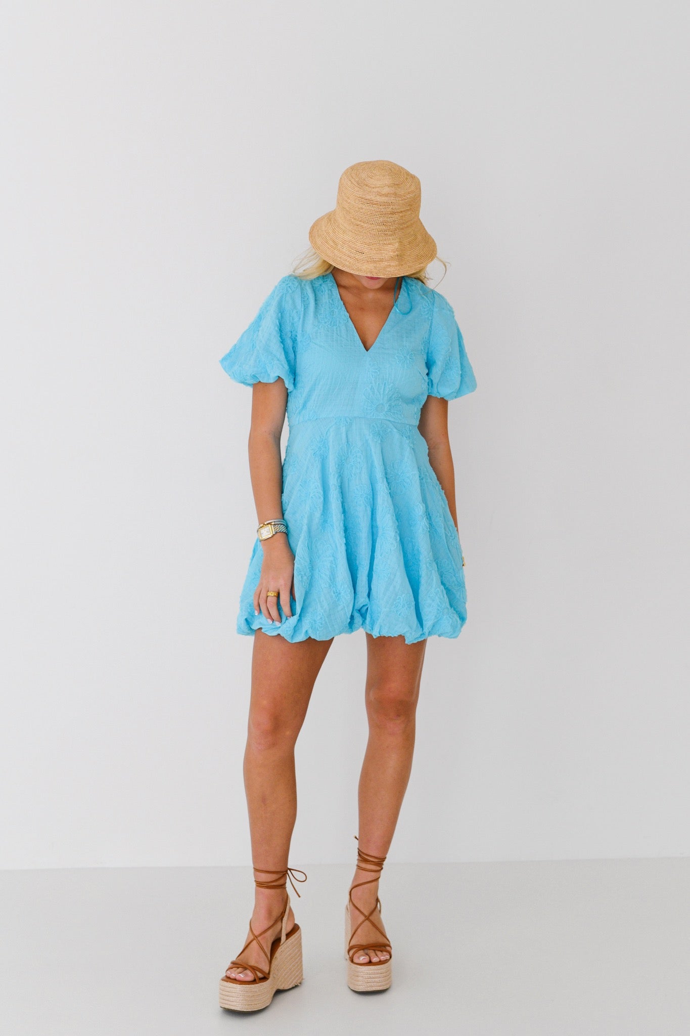 Emily Puff Sleeve Bubble Mini Dress-Sky Blue