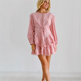 Aurora Cotton Long Puff Sleeve Lace Trim Mini Dress - Light Pink