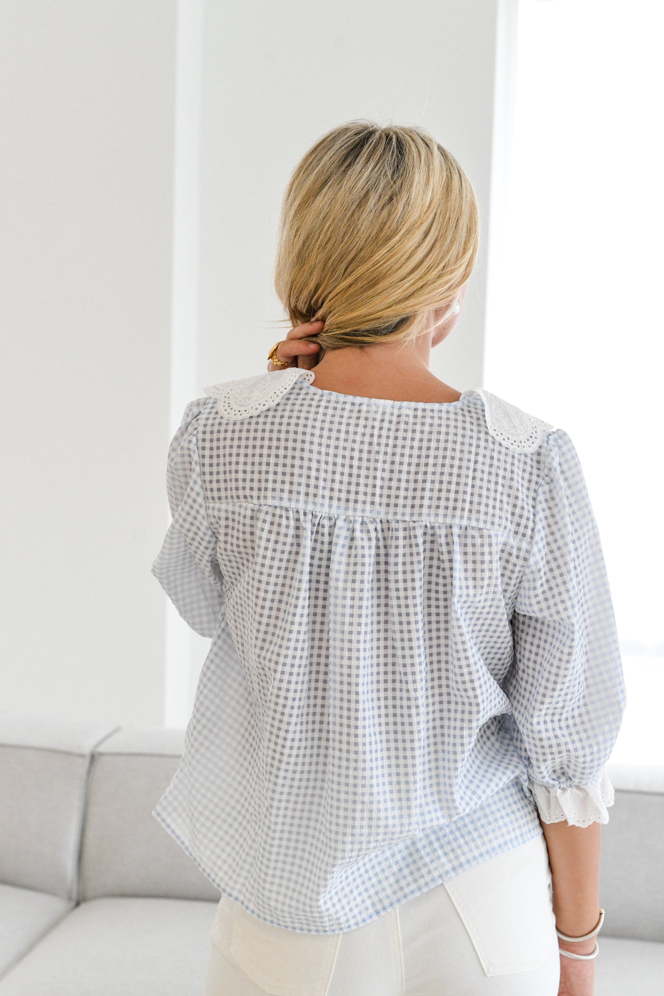 Esme Gingham Lace Collar Blouse-Blue