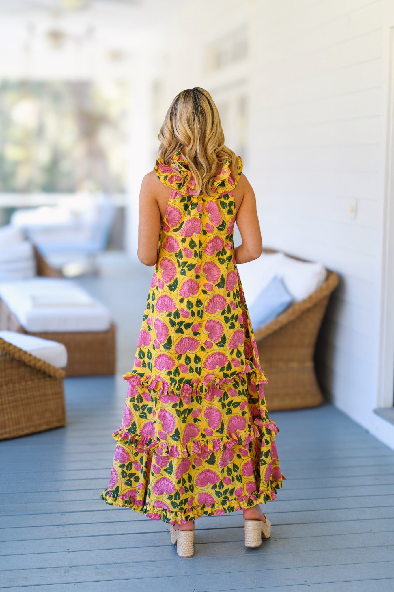 Ashley Frill Neck Maxi Dress - Yellow/Pink