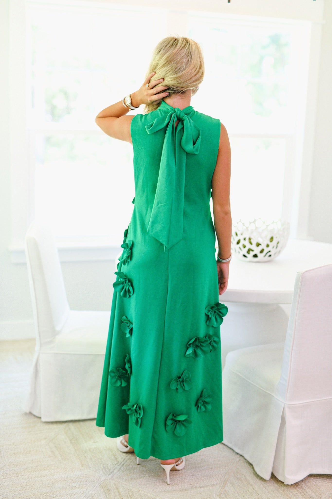 Fanci Floral Applique High Neck Maxi-Kelly Green