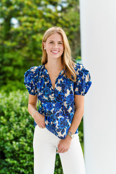 Lucy Puff Sleeve Top - Beige/Blue