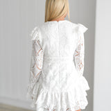 Laney Lace Ruffle Long Sleeve Mini Dress-White