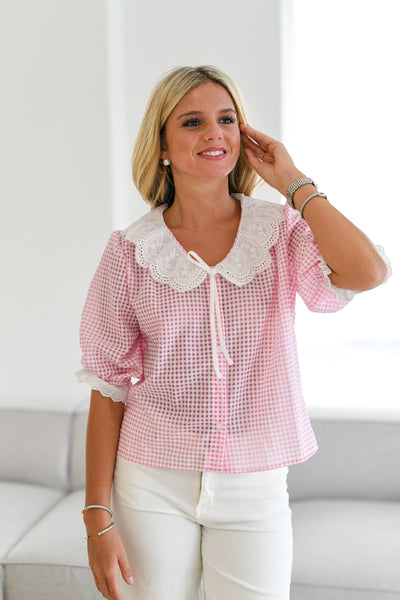 Lottie Gingham Lace Collar Blouse-Pink