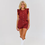 Riley Twill Button Up Romper-Burgundy