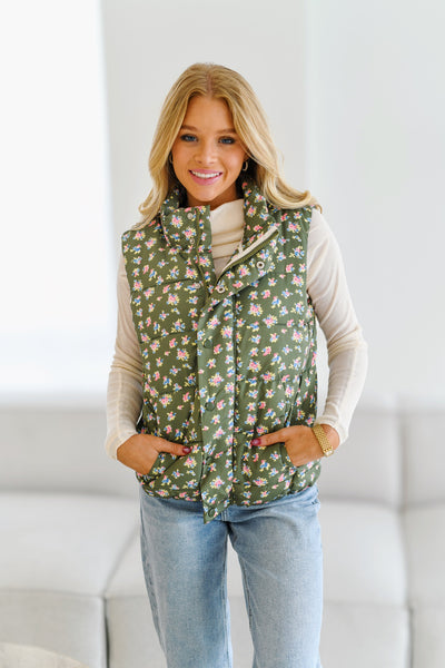 Jenn Floral Print Puffer Vest-Olive