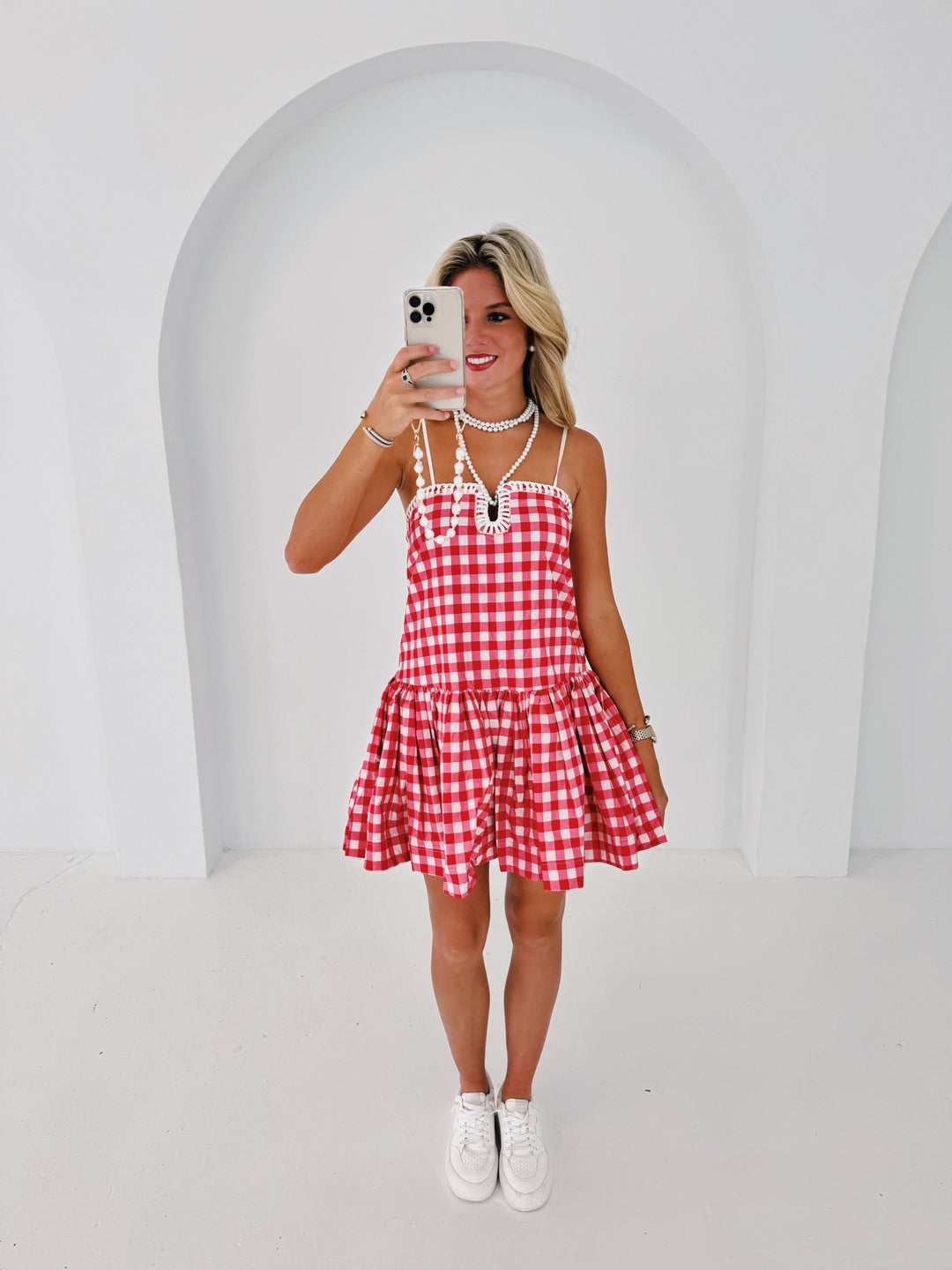 X by NBD Florence Red White Gingham factory Embroidered Beaded Sexy Mini Dress M 6 8