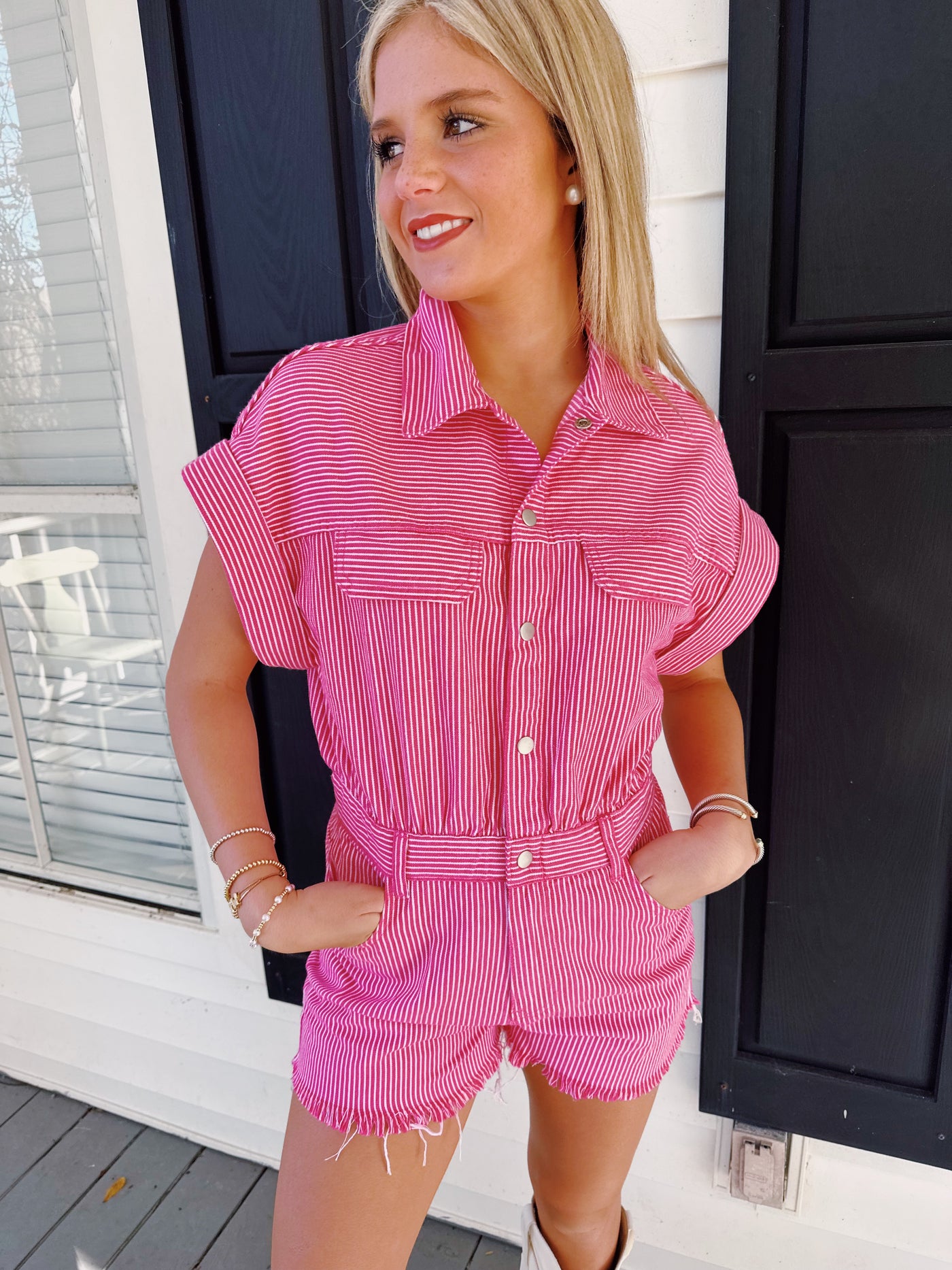 Payton Striped Elastic Waist Button Short Sleeve Romper- pink