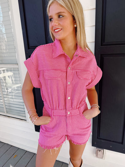 Payton Striped Elastic Waist Button Short Sleeve Romper- pink