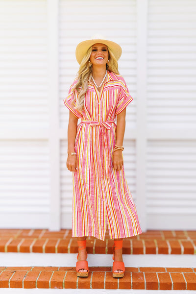 Madison Button Down Midi Dress - Multi Stripe