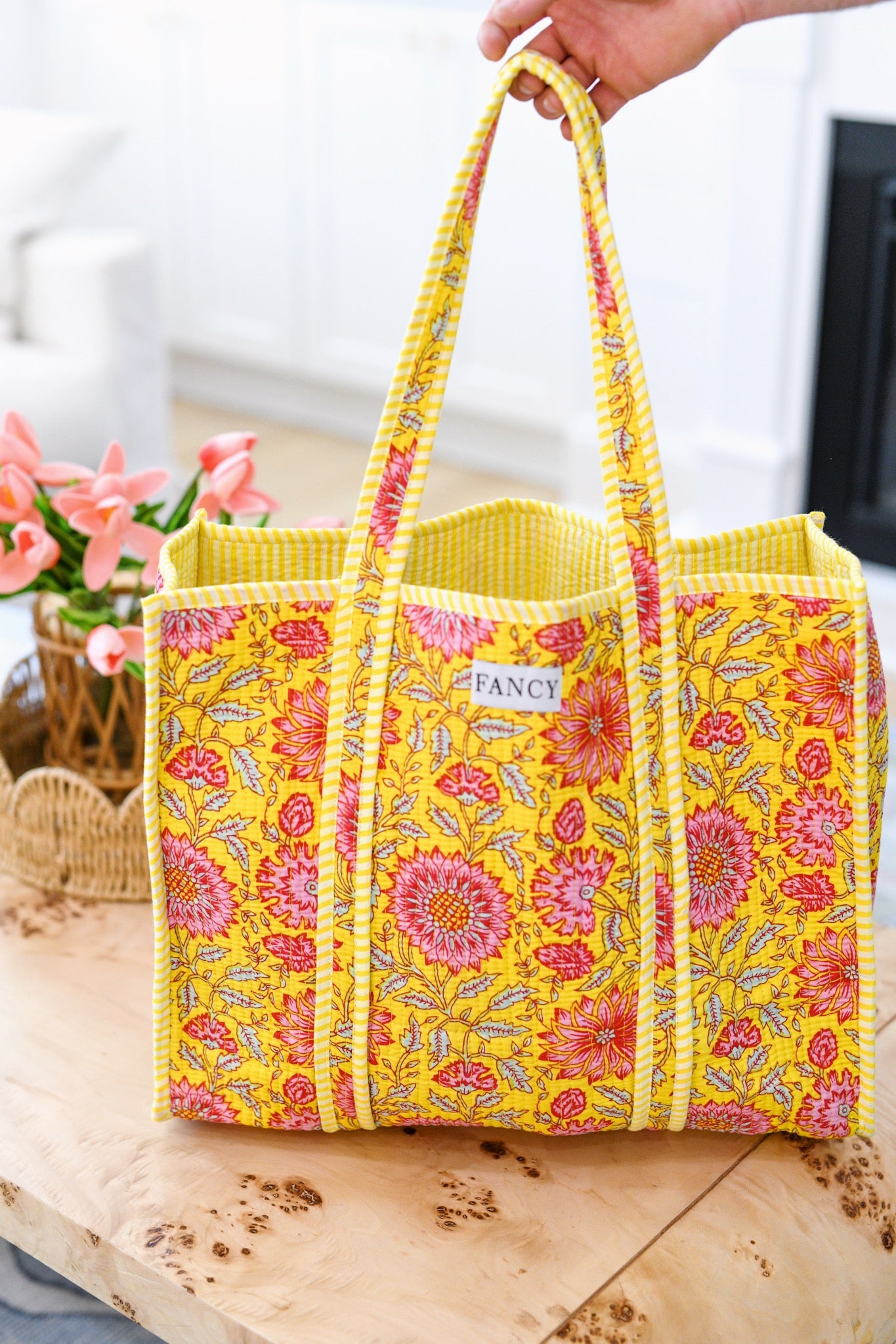 Kaylor Quilted Tote Bag - Yellow/Pink