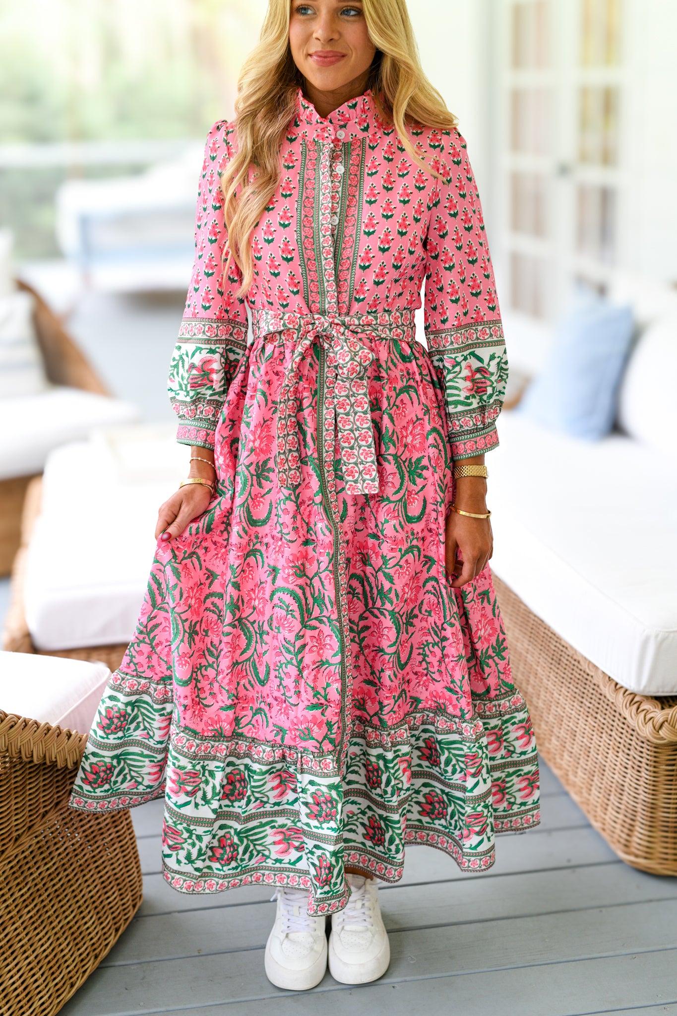 Becca Floral Printed Belted Maxi Dress - Pink/Green