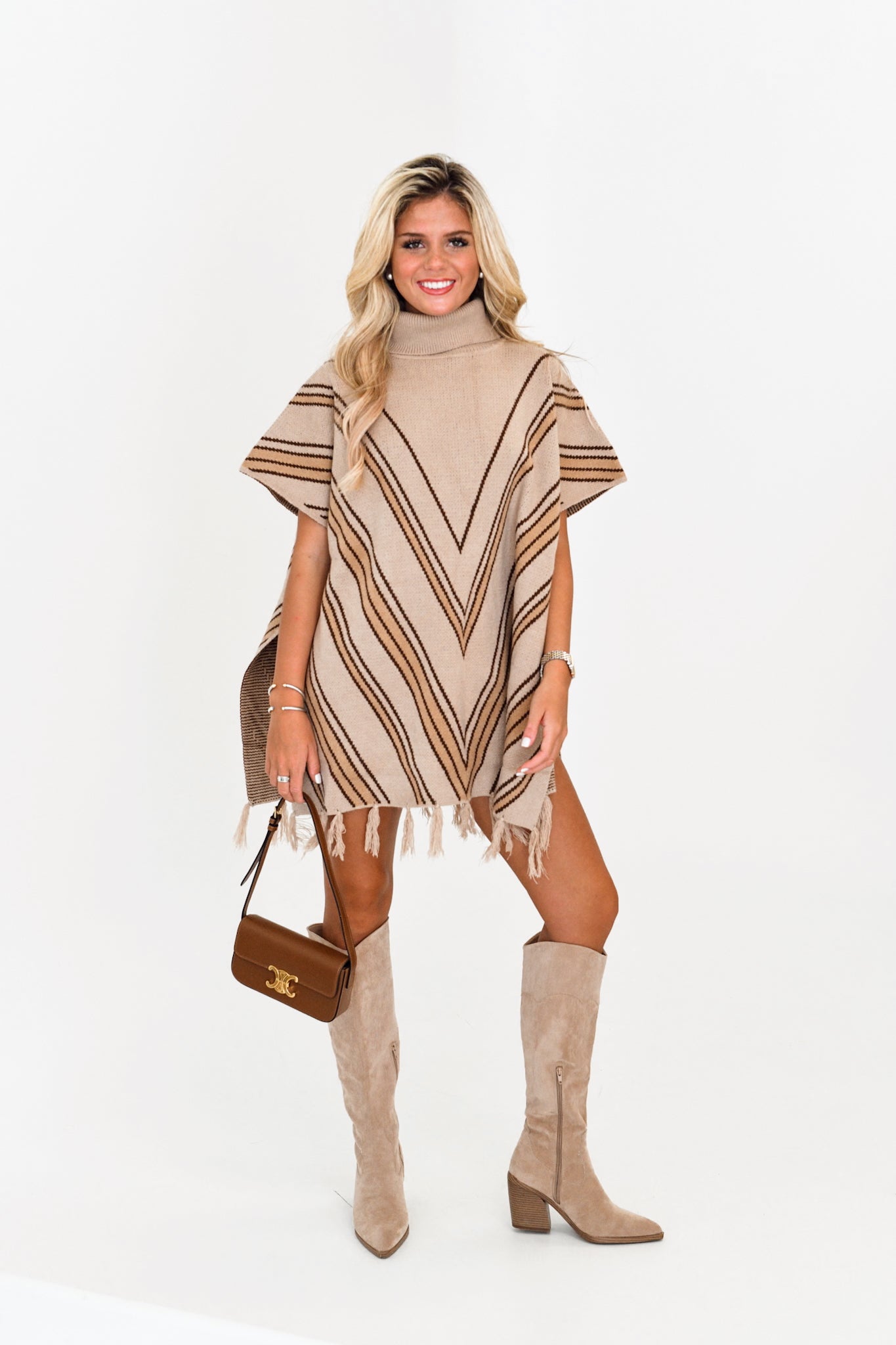 Kaila Turtle Neck Sweater Poncho - Taupe-Choclate Stripe