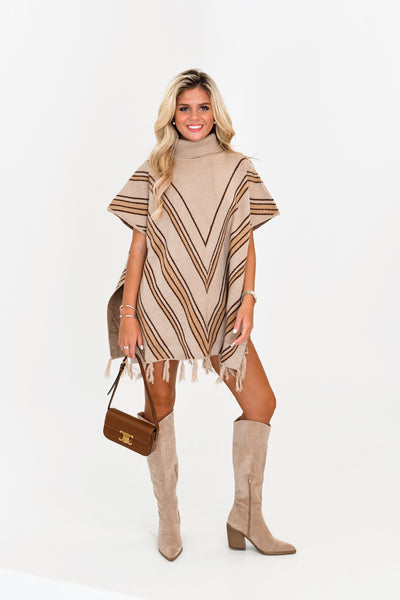 Kaila Turtle Neck Sweater Poncho - Taupe-Choclate Stripe