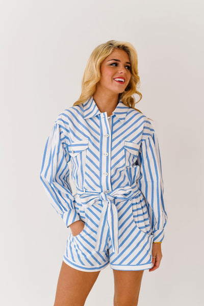 Quincey Stripe Romper - White/Blue