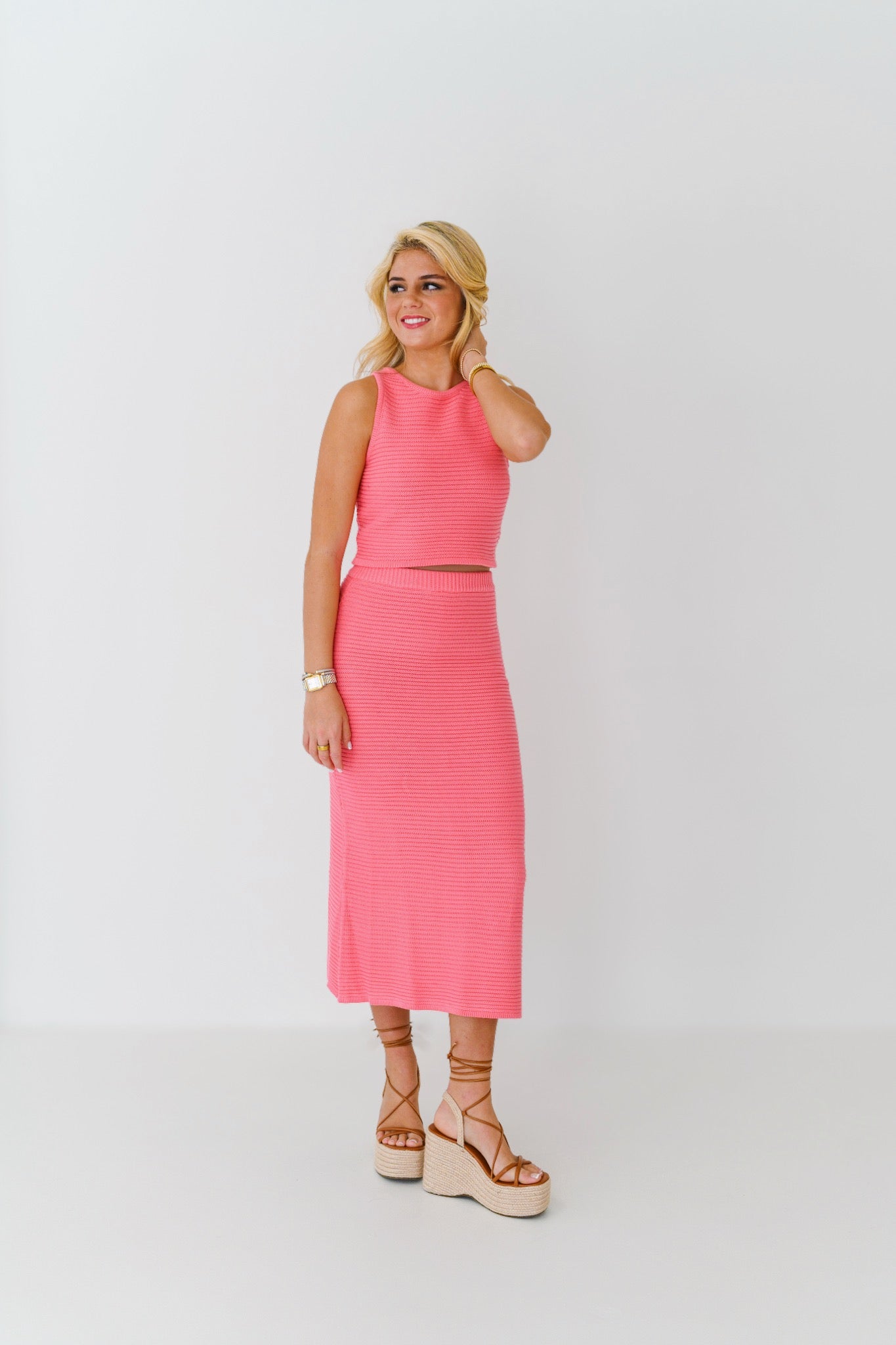 Laura Ribbed Sweater Midi Skirt-Pink