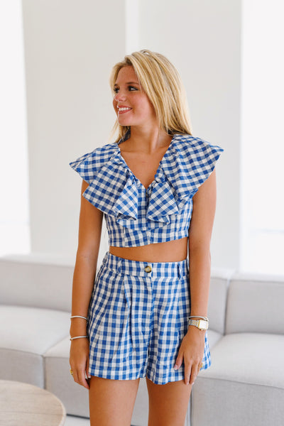 April Gingham Ruffle Set - Blue