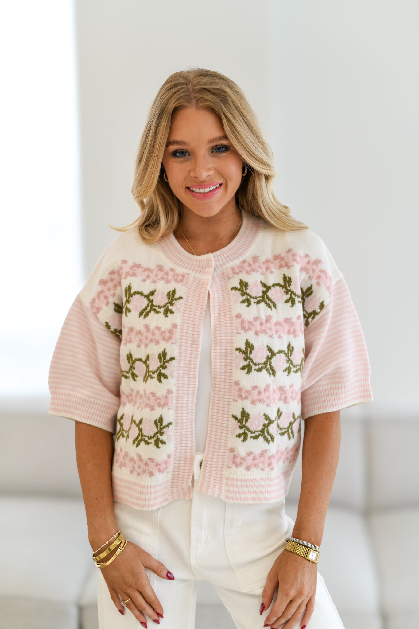 Karlie Half Cardigan Top - Pink Floral