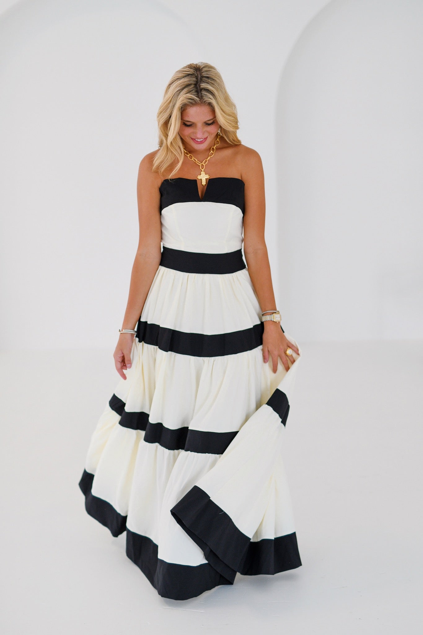 Lillian Stripe Midi Dress - White/Black