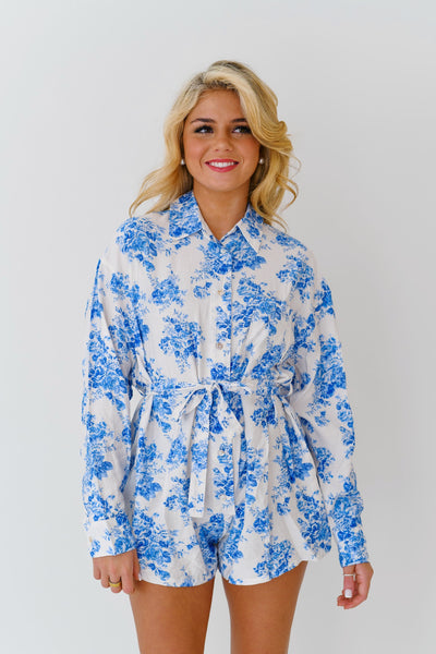 Layla Floral Romper - Off White Blue