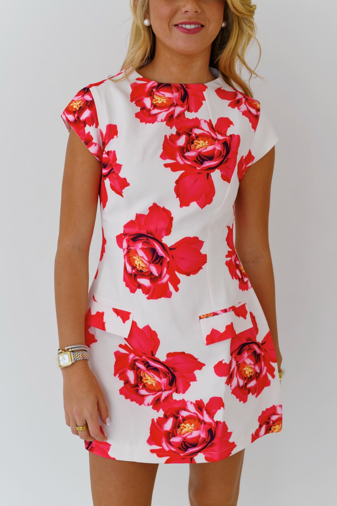 Taylor Floral Boat Neck Mini Dress-Red