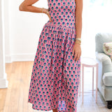 Miley Strapless Smocking Midi Dress - Pink/Blue Block Print