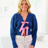 Violet Bow-Front Cropped Sweater-Navy/Pink