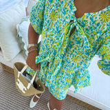 Dani Tie Front and Shorts Set - Teal/Lime