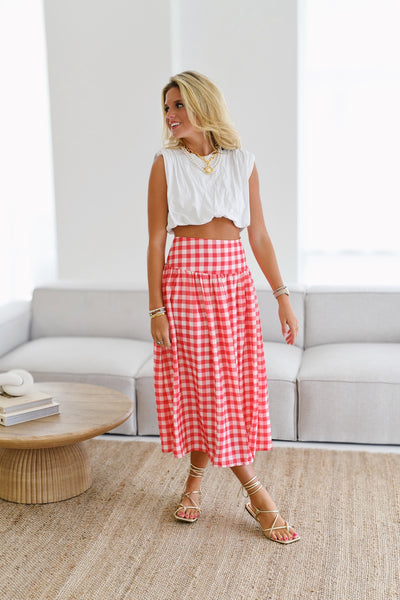 Sara Gingham Midi Skirt-Red