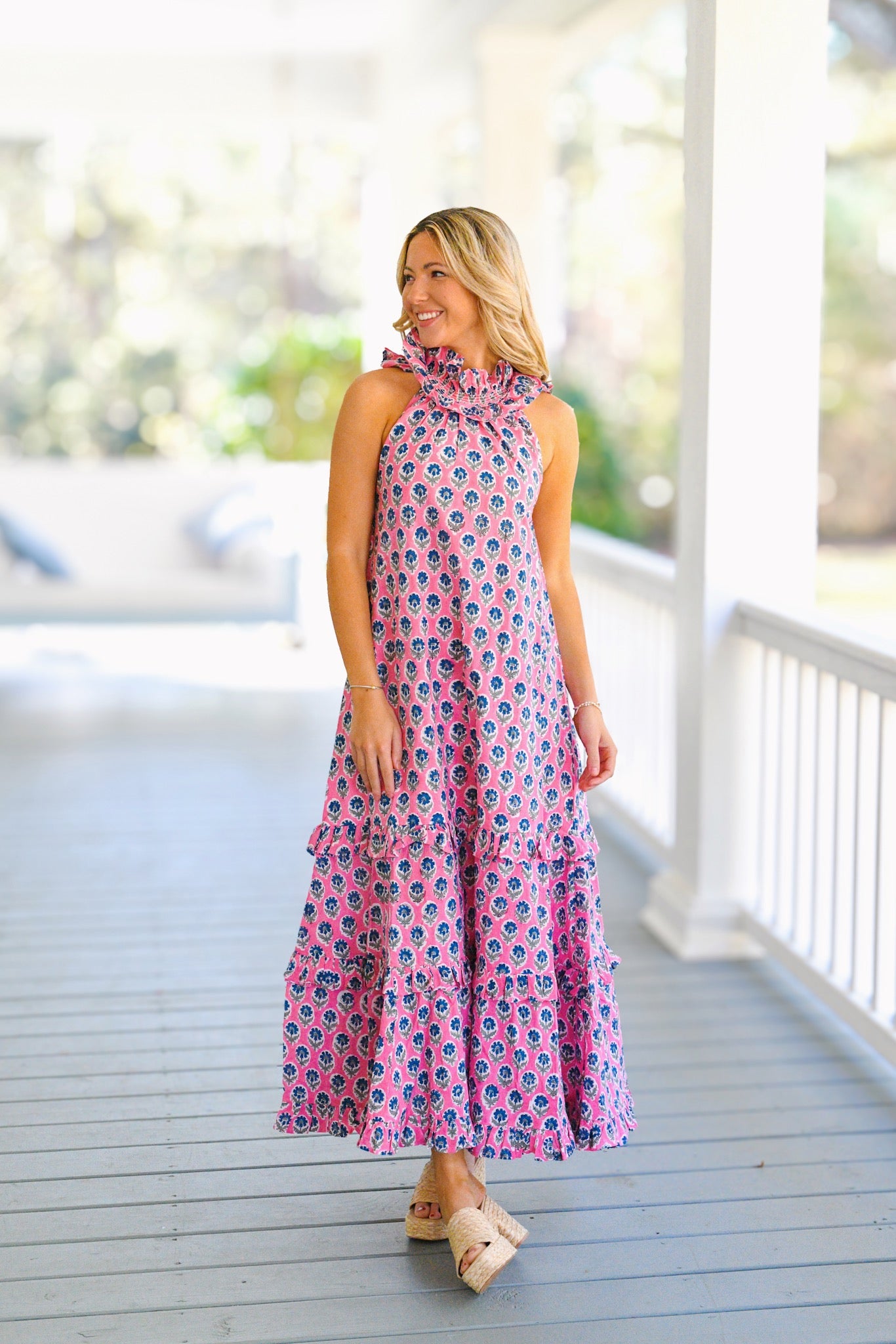 Finley Frill Neck Maxi Dress - Pink/Blue Blockprint