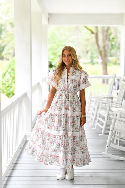 Lucy Scalloped Midi Dress - Pink/Brown Multi Print