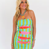 Anabelle Fish Strapless Mini Dress - Lime/Turquoise Stripes