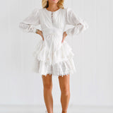 Destiny Cotton Long Puff Sleeve Lace Trim Mini Dress - White