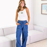 Hallie Mid-Rise Denim Cargo Pants-Indigo
