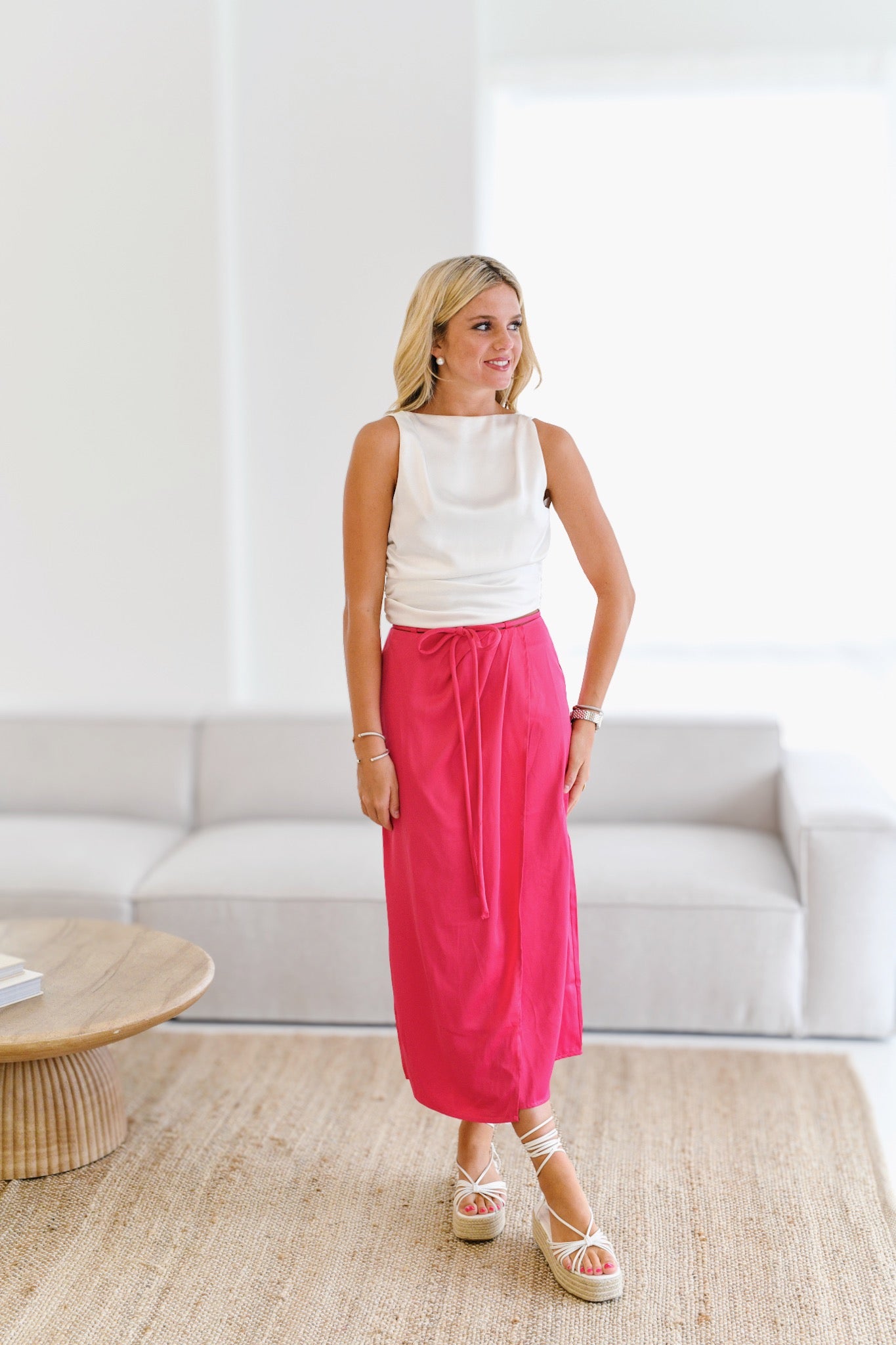 Audrey Midi Satin Skirt - Fuchsia