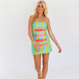 Anabelle Fish Strapless Mini Dress - Lime/Turquoise Stripes