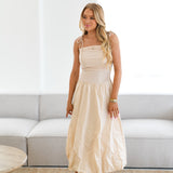 Selina Drop Waist Bubble Midi Dress-Cream