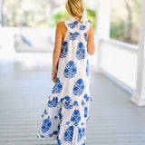 Kenni Frill Neck Maxi Dress - White/Blue Block