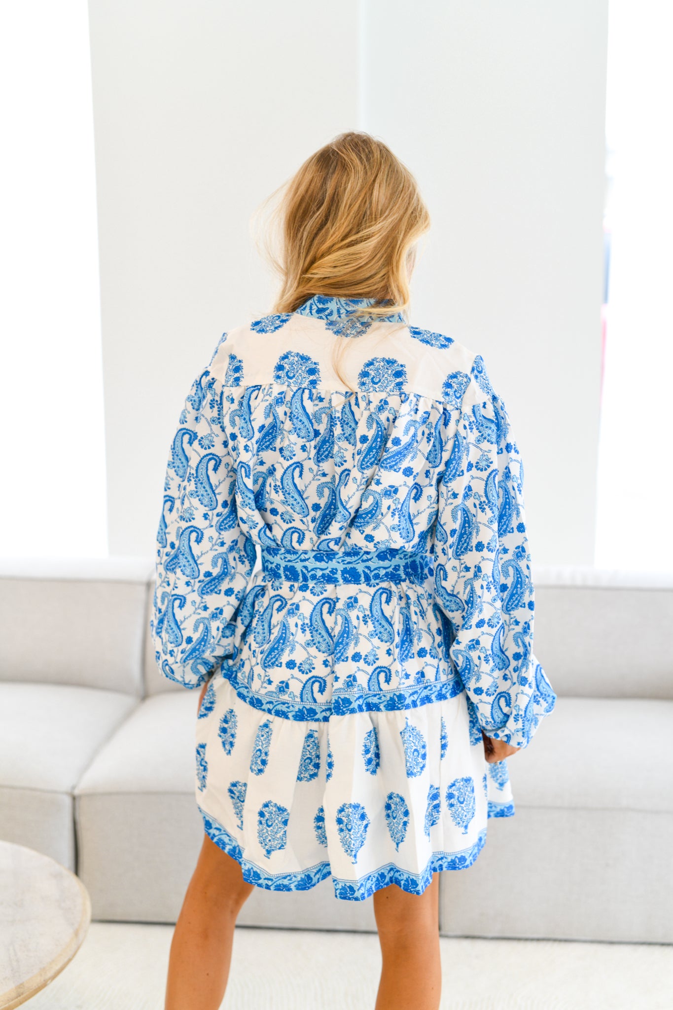 Miller Patterned Long Sleeve Belted Dress-Blue