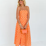 Amaya Strapless Polka Dot Midi Dress - Orange