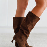 Pointed Toe Kitten Heel Tall Boots - Brown Suede