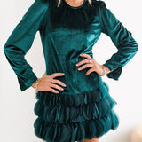 Tessa Velvet Ruffle Dress-Emerald Green