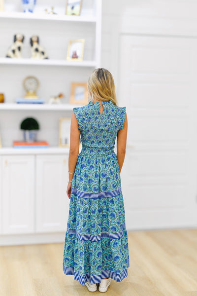 Hagan Smocking Tier Maxi Dress - Blue/Green