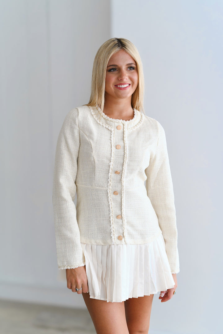 Ashley Tweed Pleated Dress-Ivory