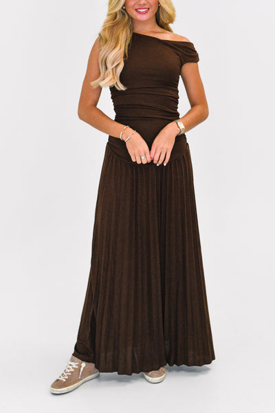 Renata One-Shoulder Ruched Maxi Dress-Chocolate Brown