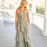 Sylvia Ruffled Maxi Dress - Teal Floral