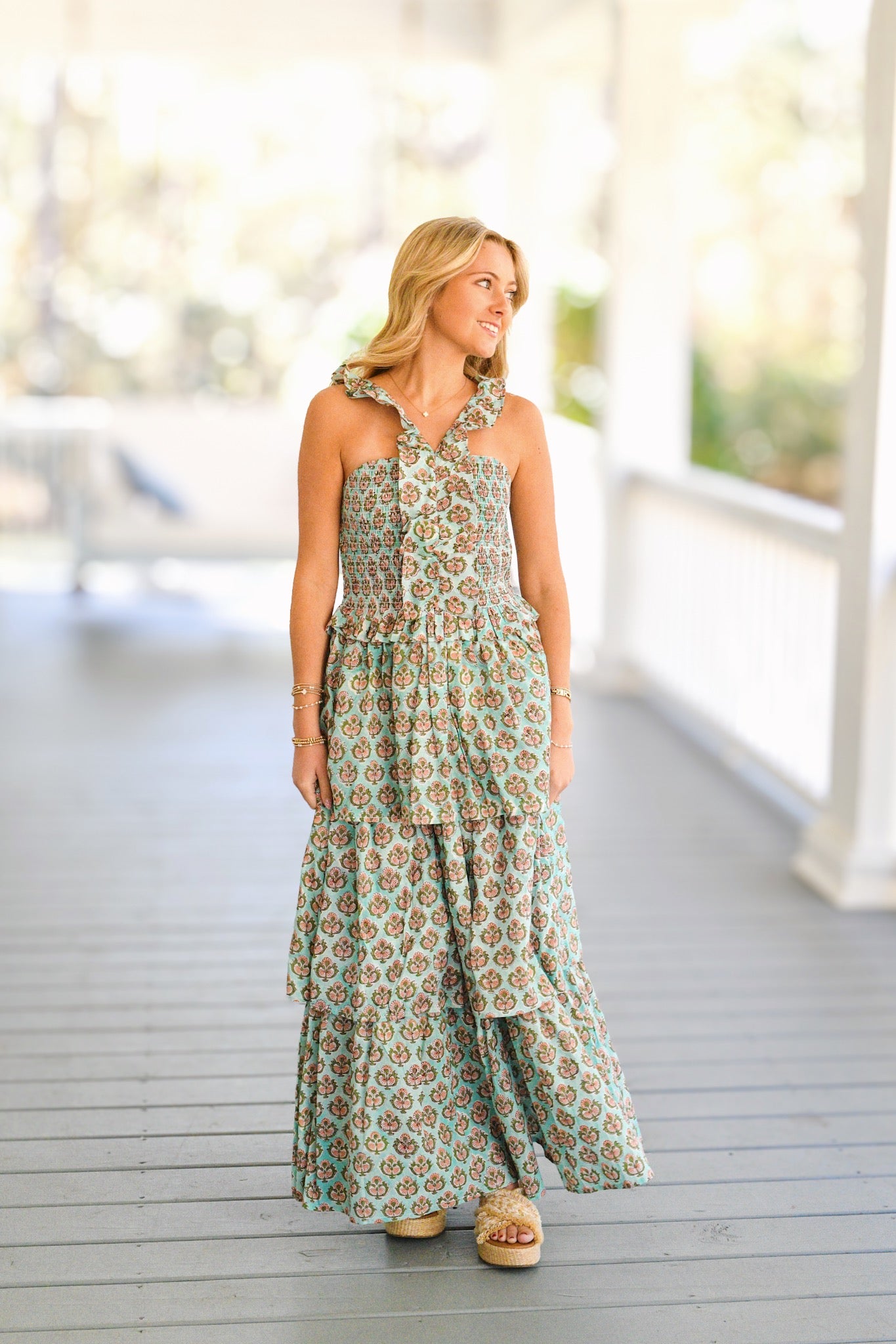 Sylvia Ruffled Maxi Dress - Teal Floral